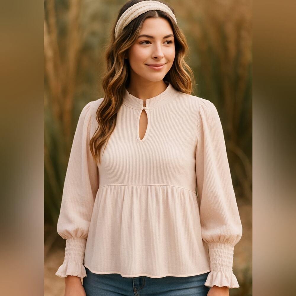 NWT Cactus + Pearl Pink Textured Long Sleeve Peasant Blouse Sz L  #1578